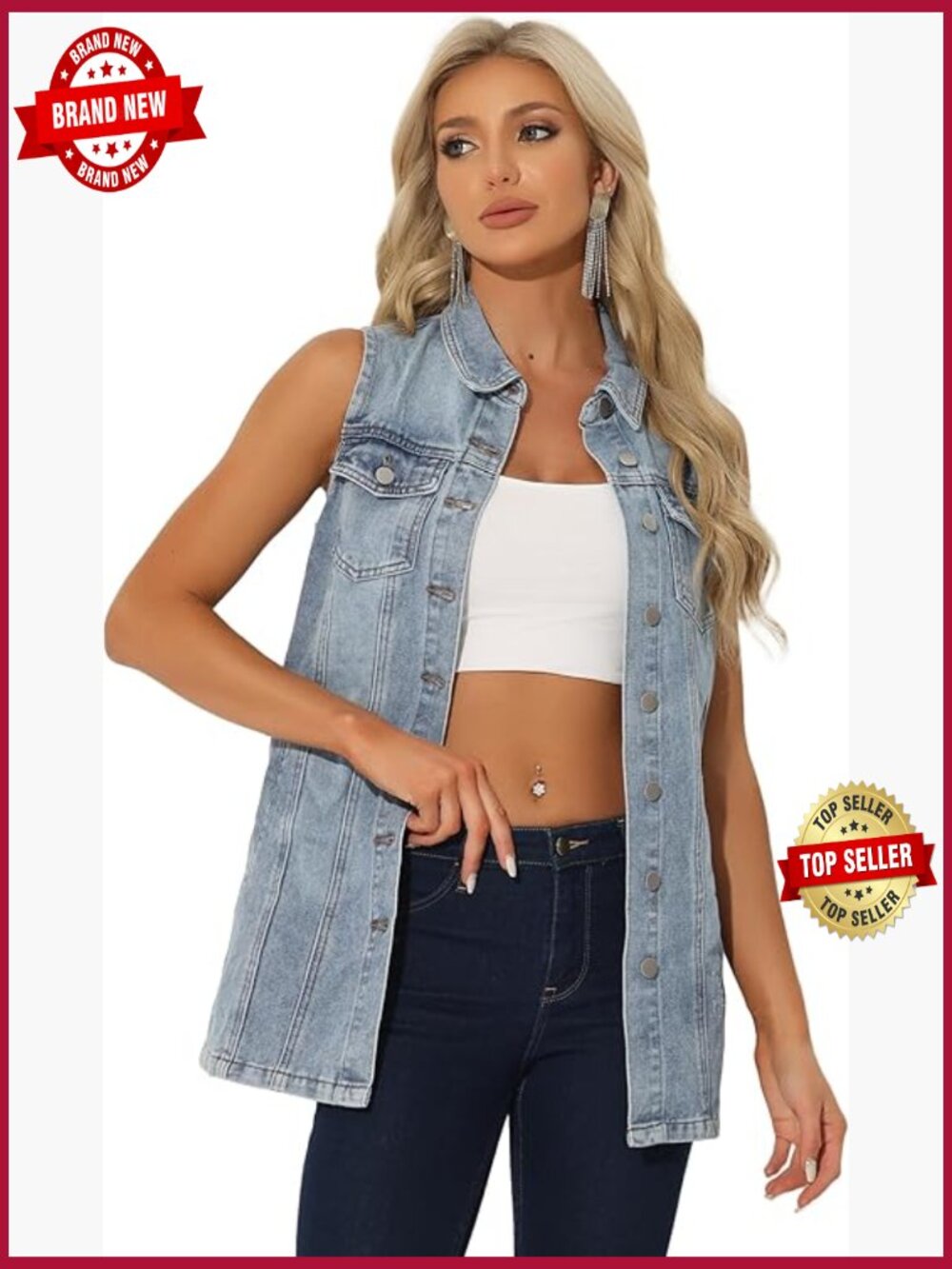 Sleeveless Denim Vest Mid-Length Button Front with Pockets